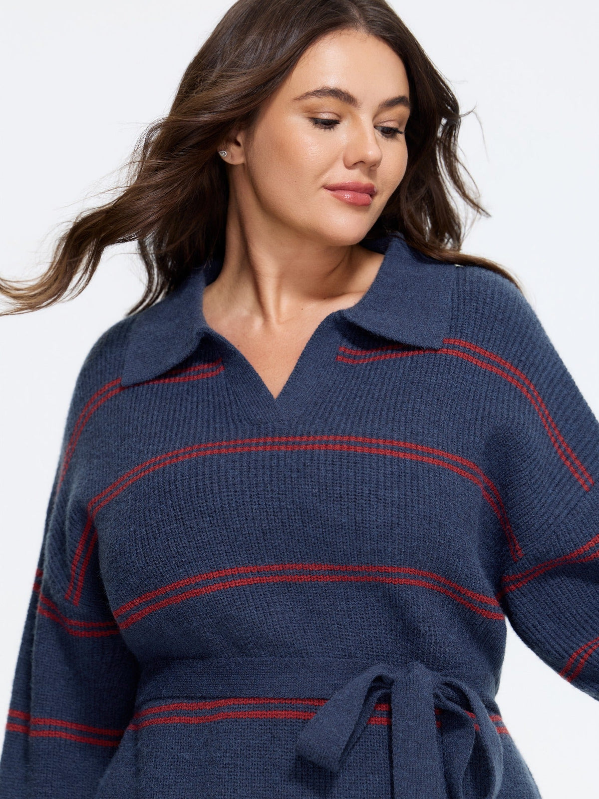 Striped Polo Collar Belted Sweater Dress