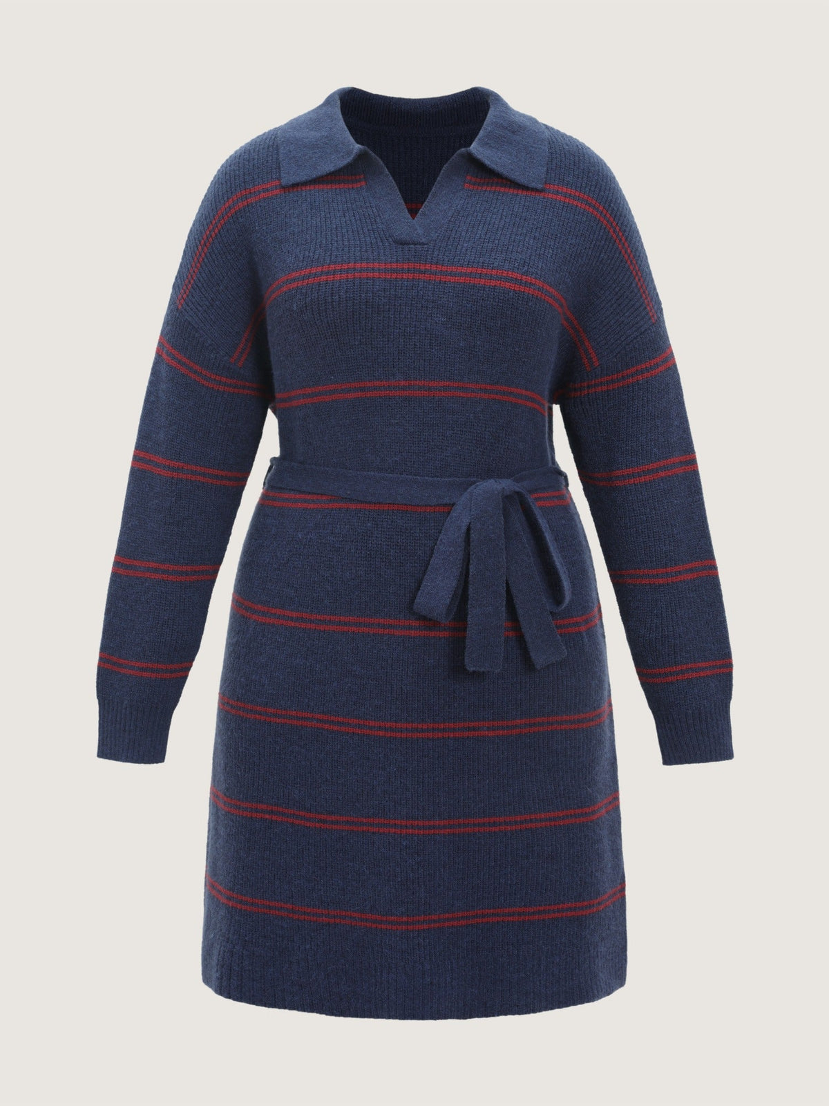 Striped Polo Collar Belted Sweater Dress