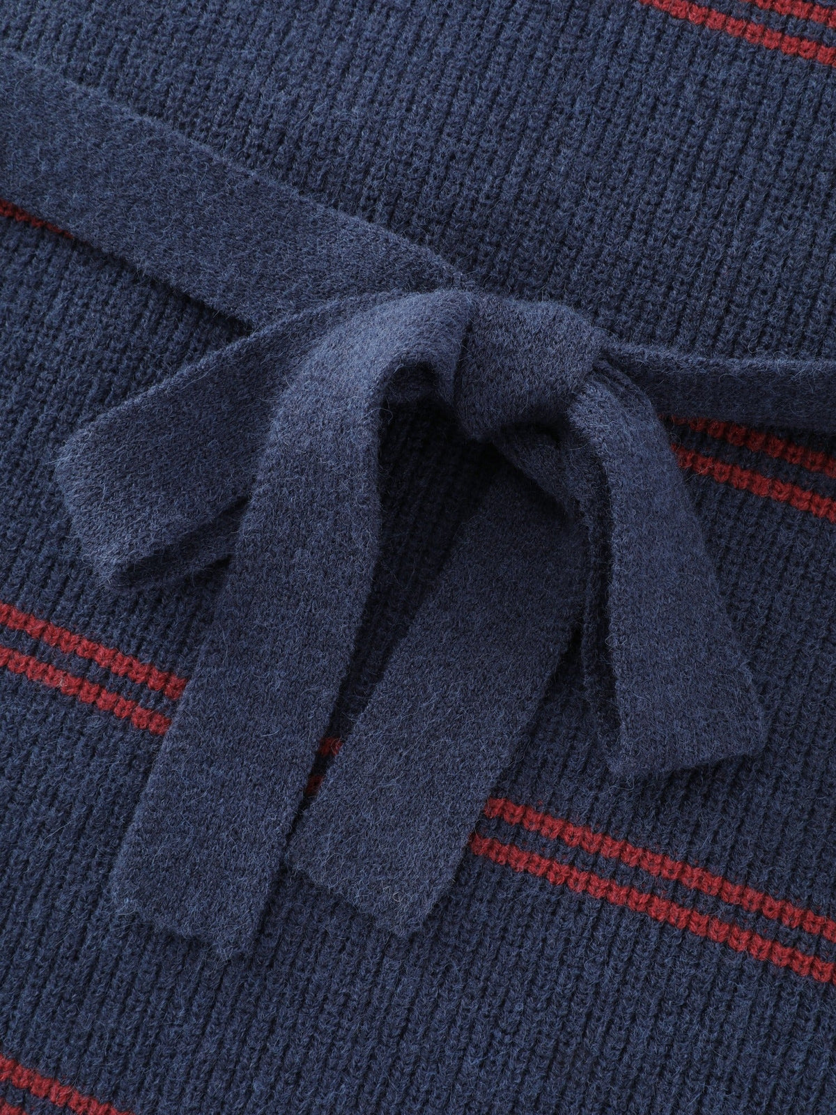Striped Polo Collar Belted Sweater Dress