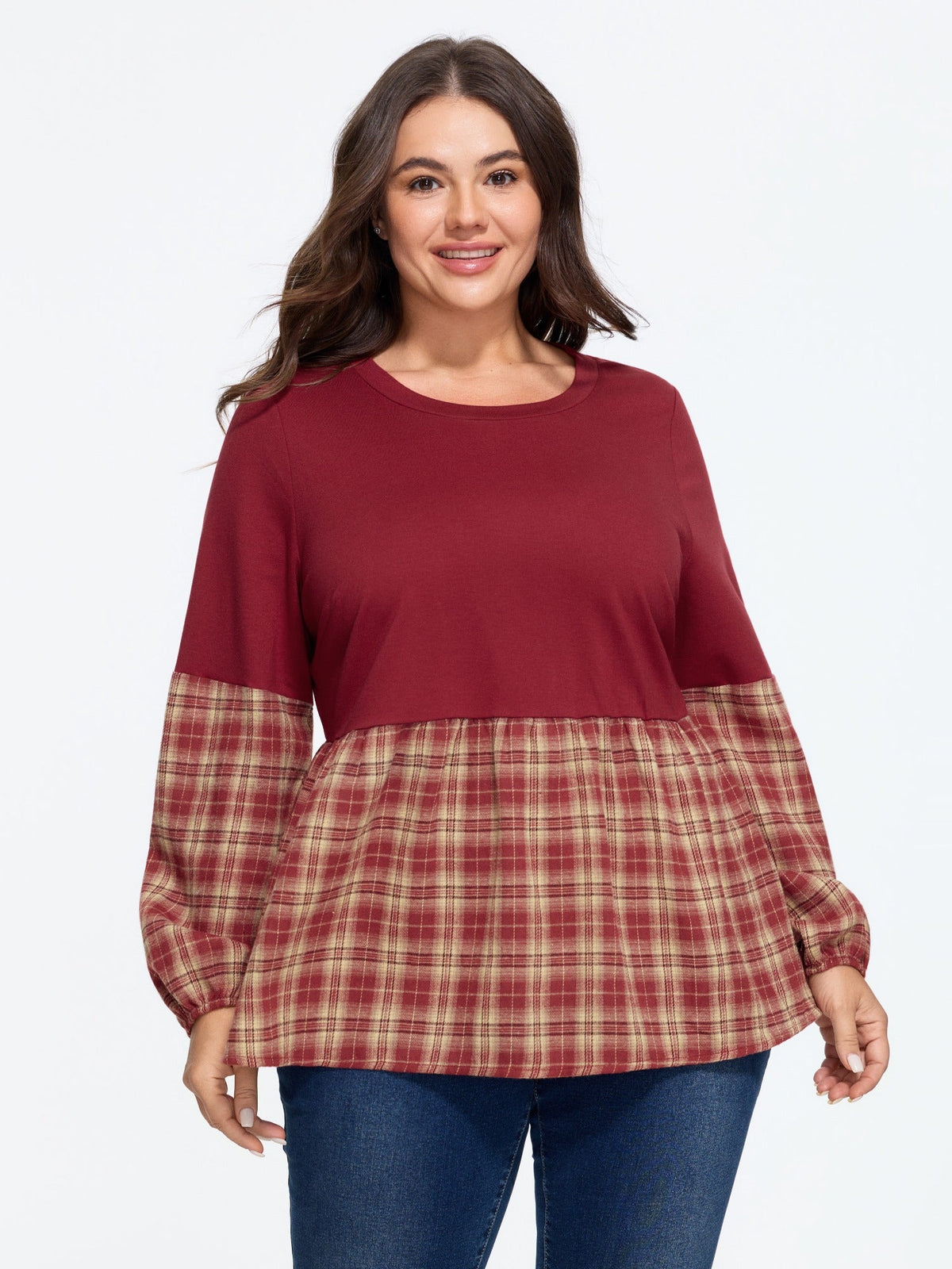 Plaid Patchwork Round Neck Babydoll Blouse