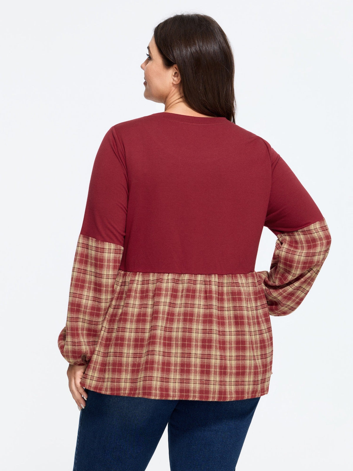 Plaid Patchwork Round Neck Babydoll Blouse