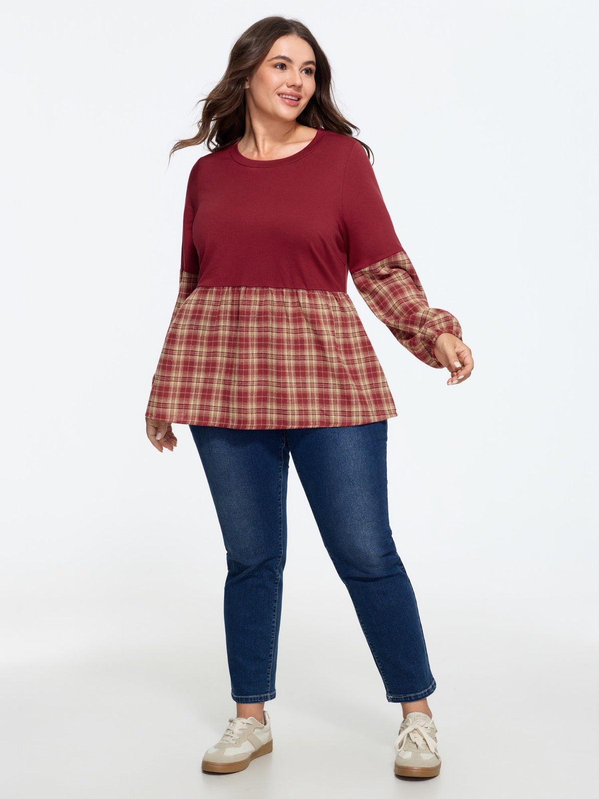 Plaid Patchwork Round Neck Babydoll Blouse