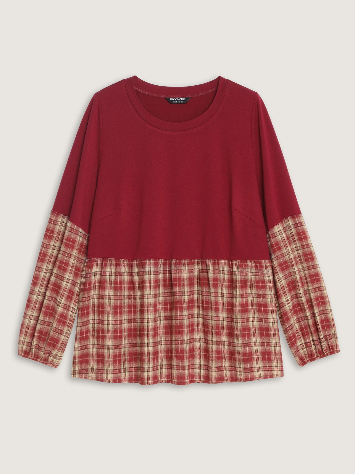 Plaid Patchwork Round Neck Babydoll Blouse