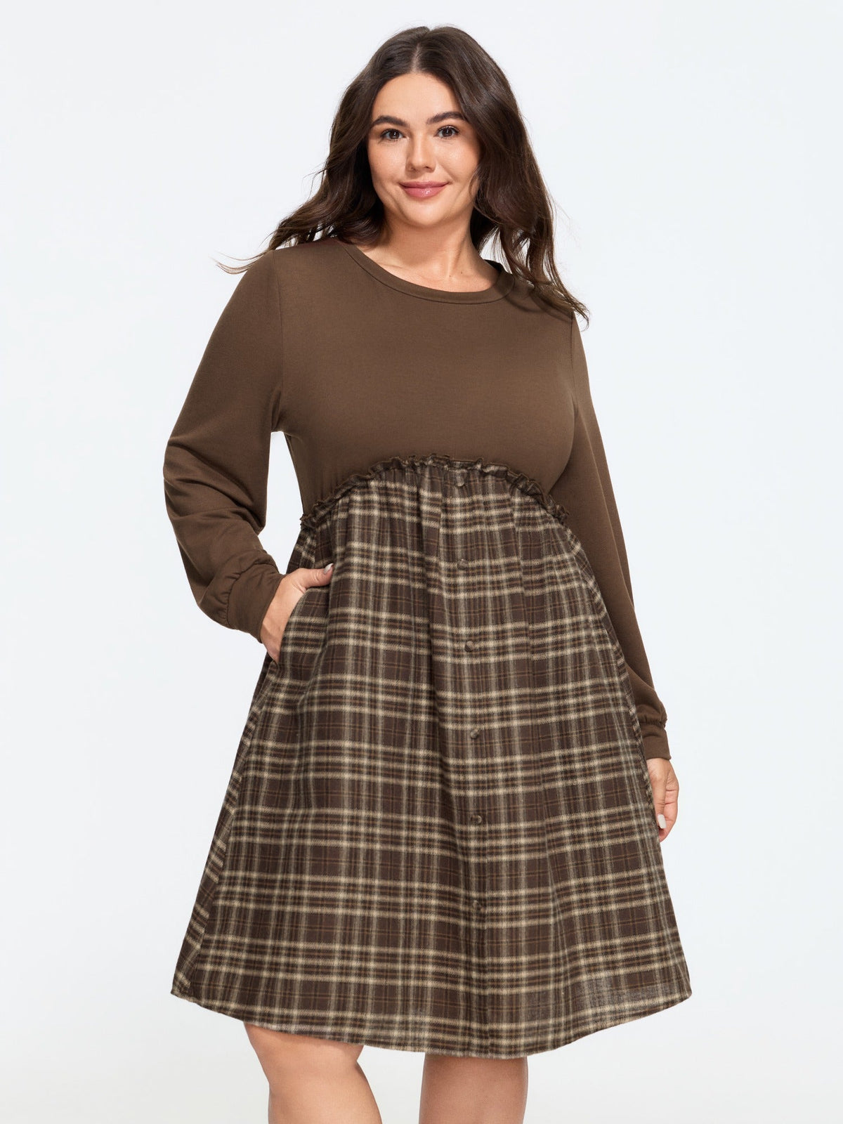 Plaid Patchwork Round Neck Mini Dress