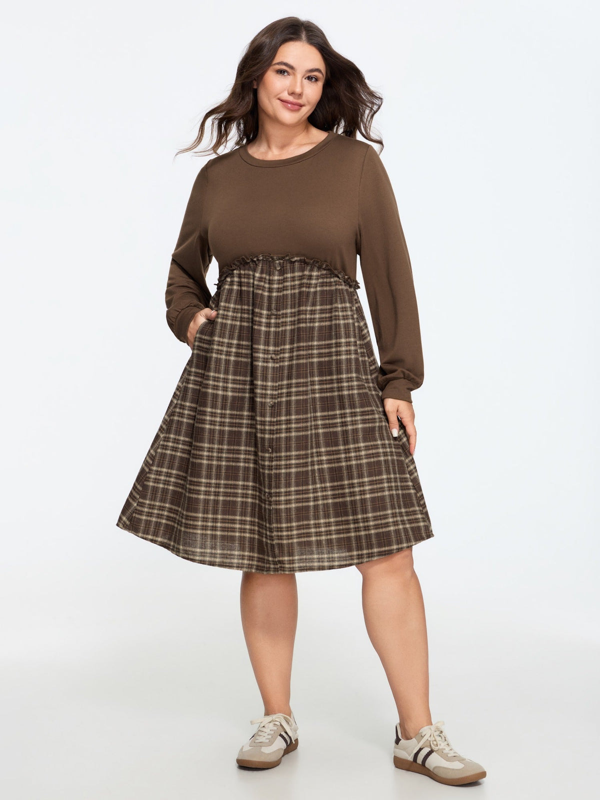 Plaid Patchwork Round Neck Mini Dress