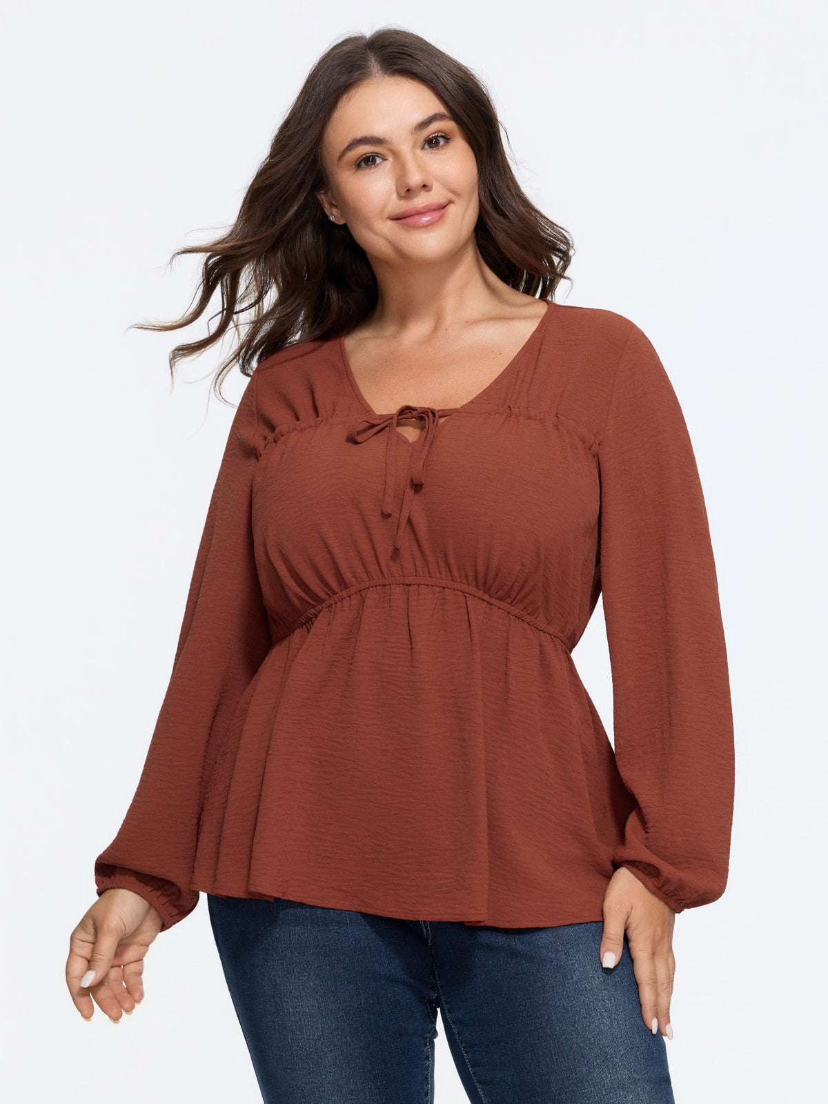 V Neck Drawstring Waist Ruched Blouse