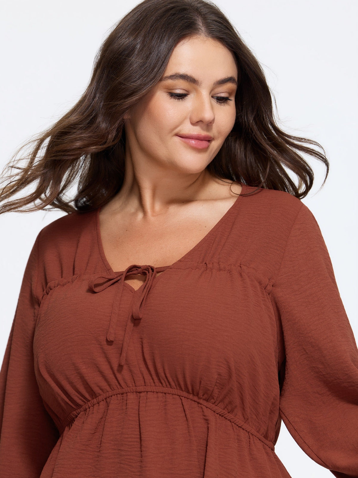 V Neck Drawstring Waist Ruched Blouse