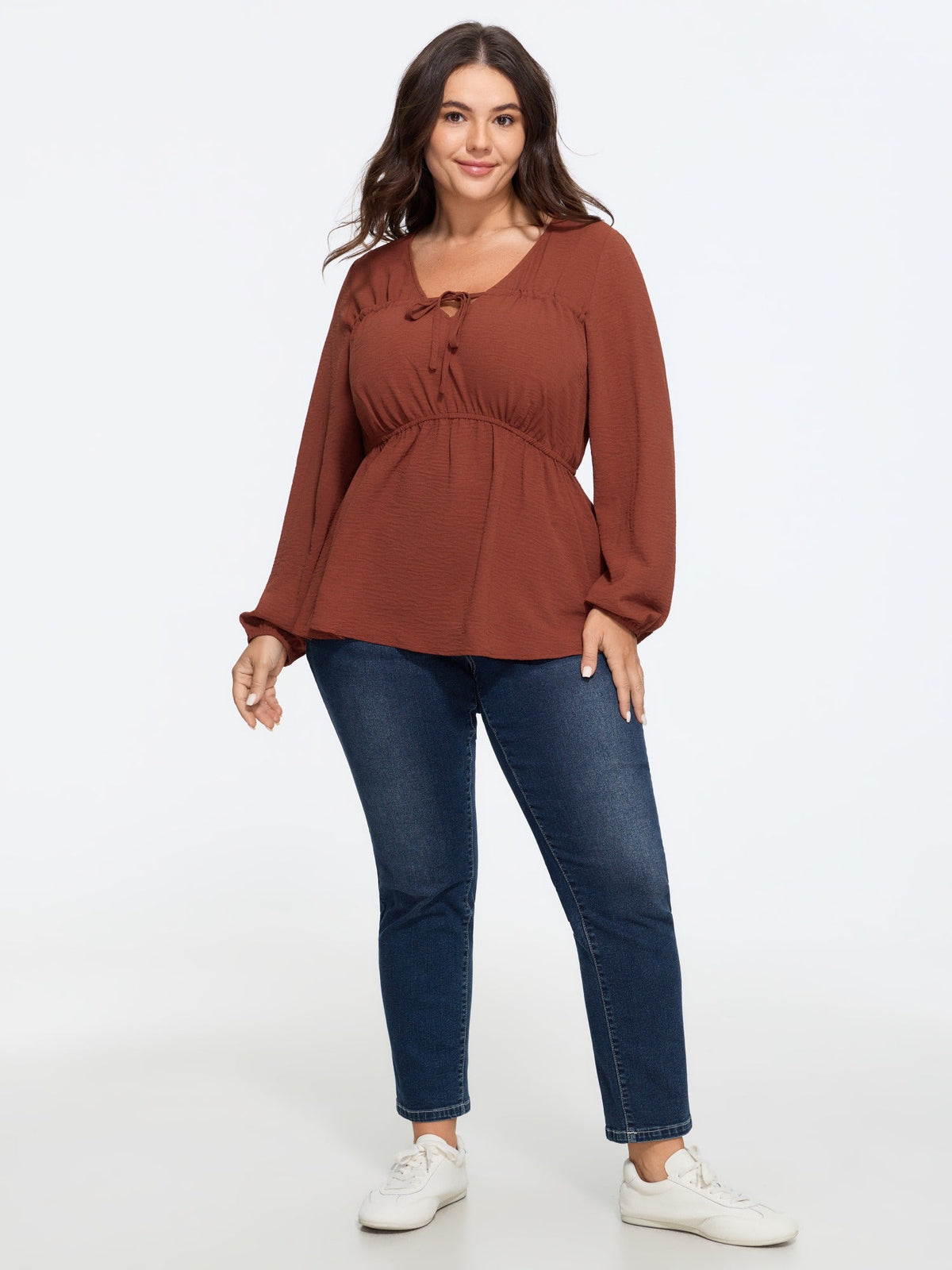 V Neck Drawstring Waist Ruched Blouse