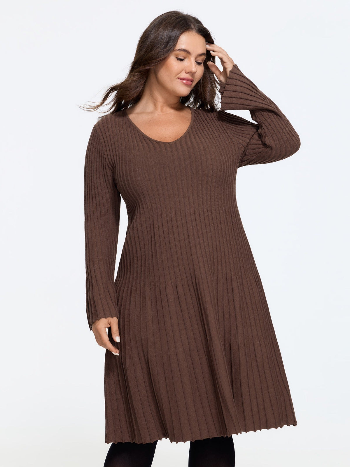 V Neck Flared Cuff Ribbed Knit Sweater Dress