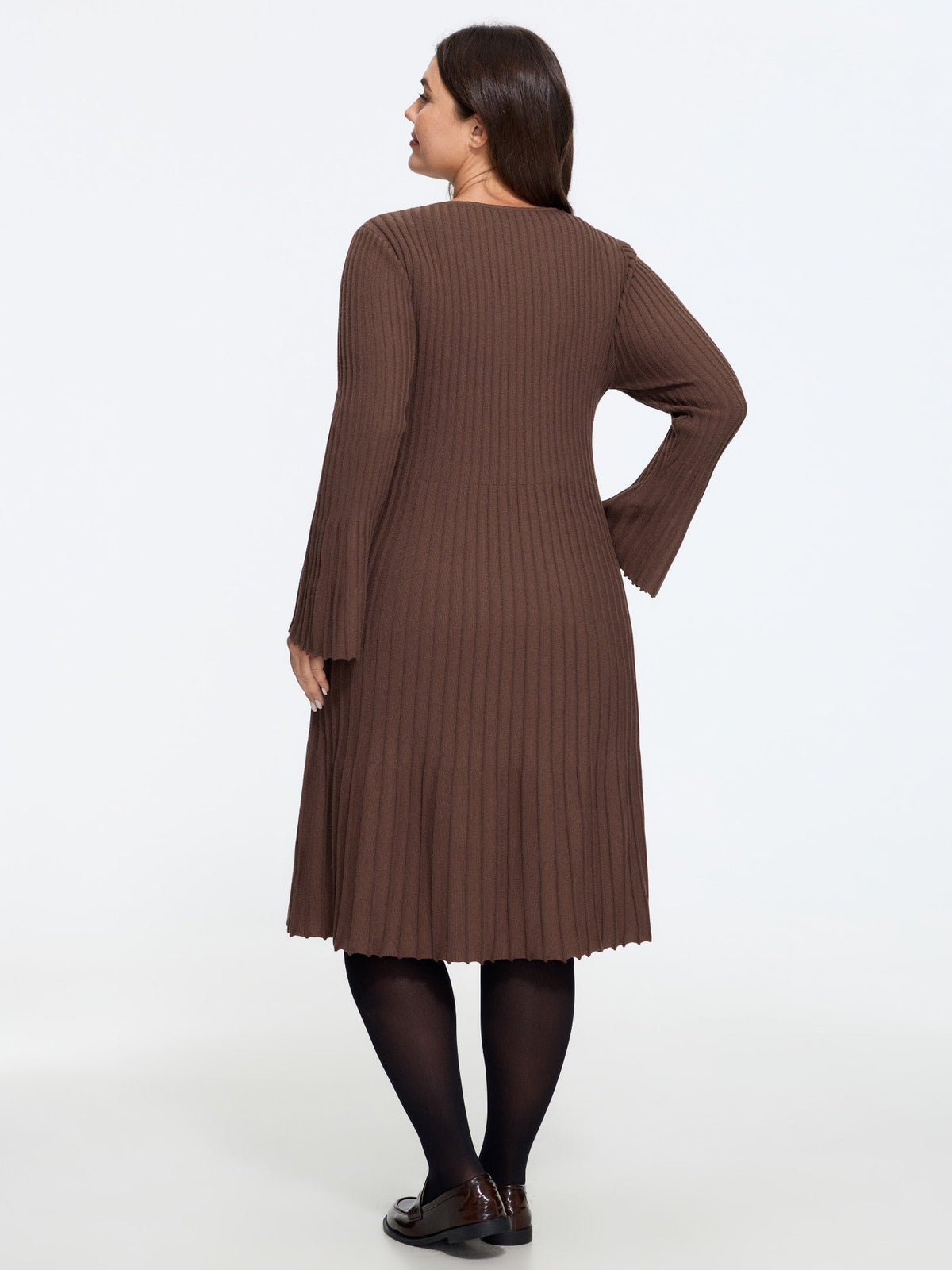 V Neck Flared Cuff Ribbed Knit Sweater Dress