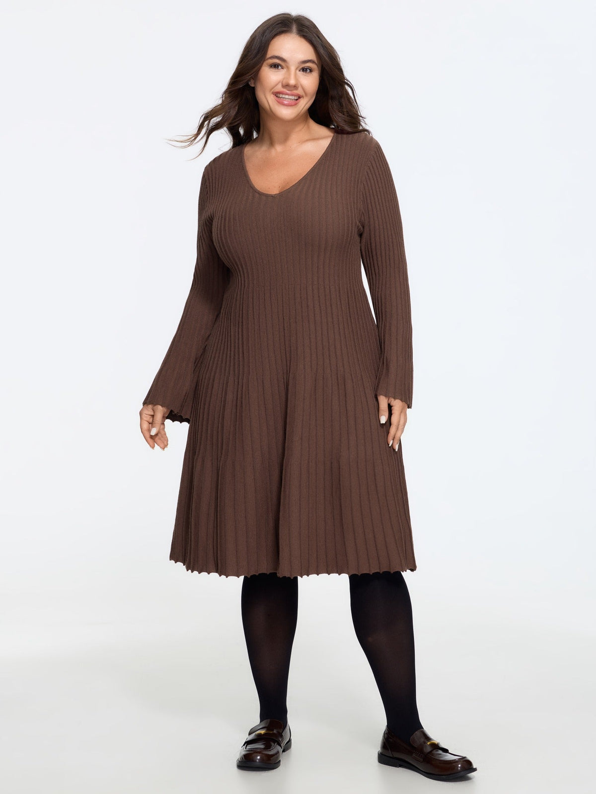 V Neck Flared Cuff Ribbed Knit Sweater Dress