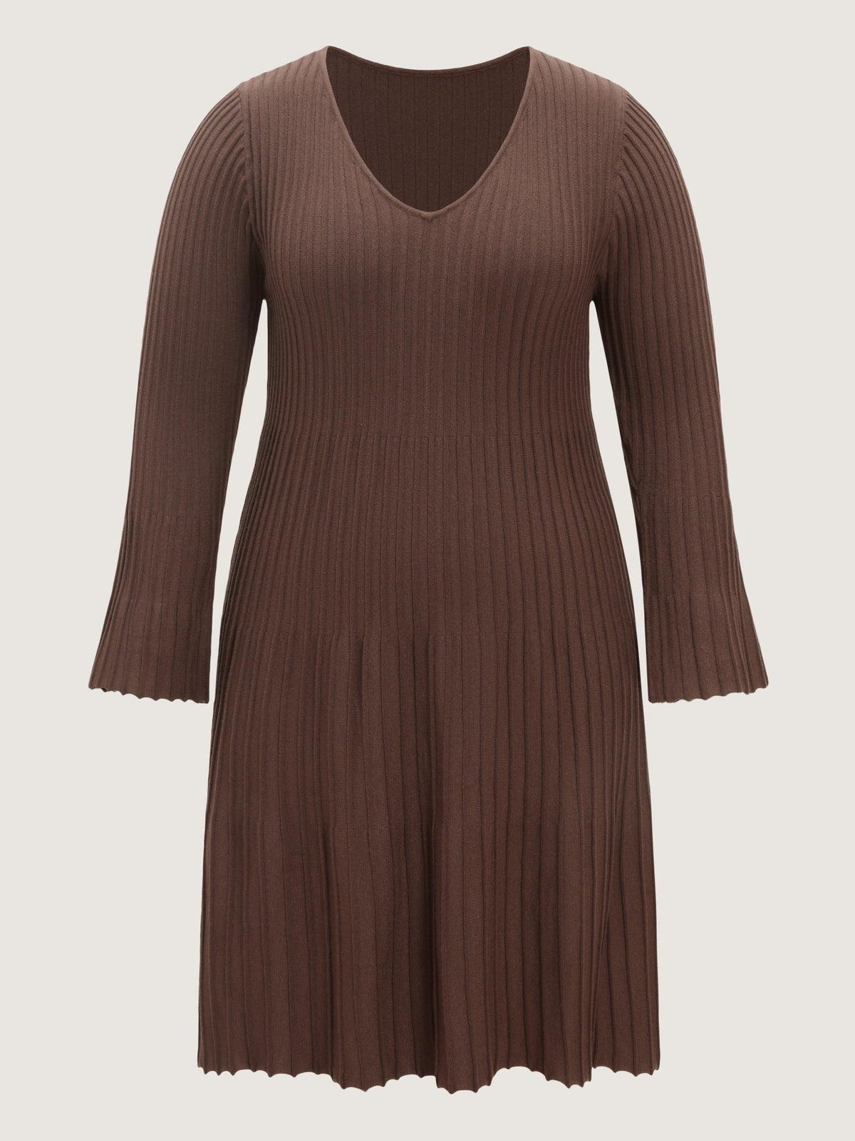 V Neck Flared Cuff Ribbed Knit Sweater Dress