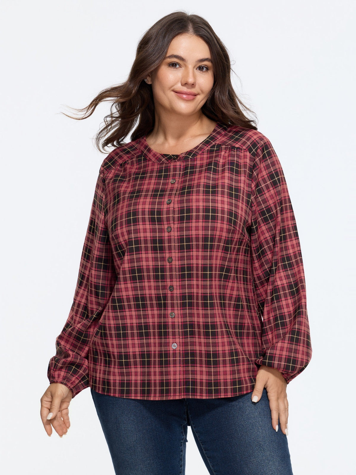 Plaid Round Neck Button Front Shirt