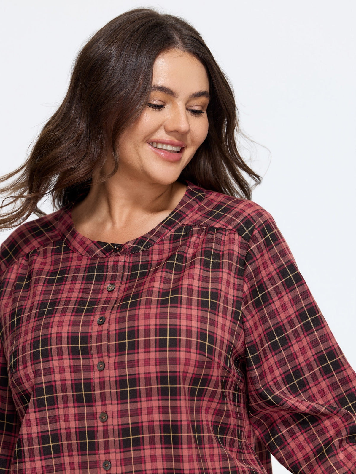 Plaid Round Neck Button Front Shirt