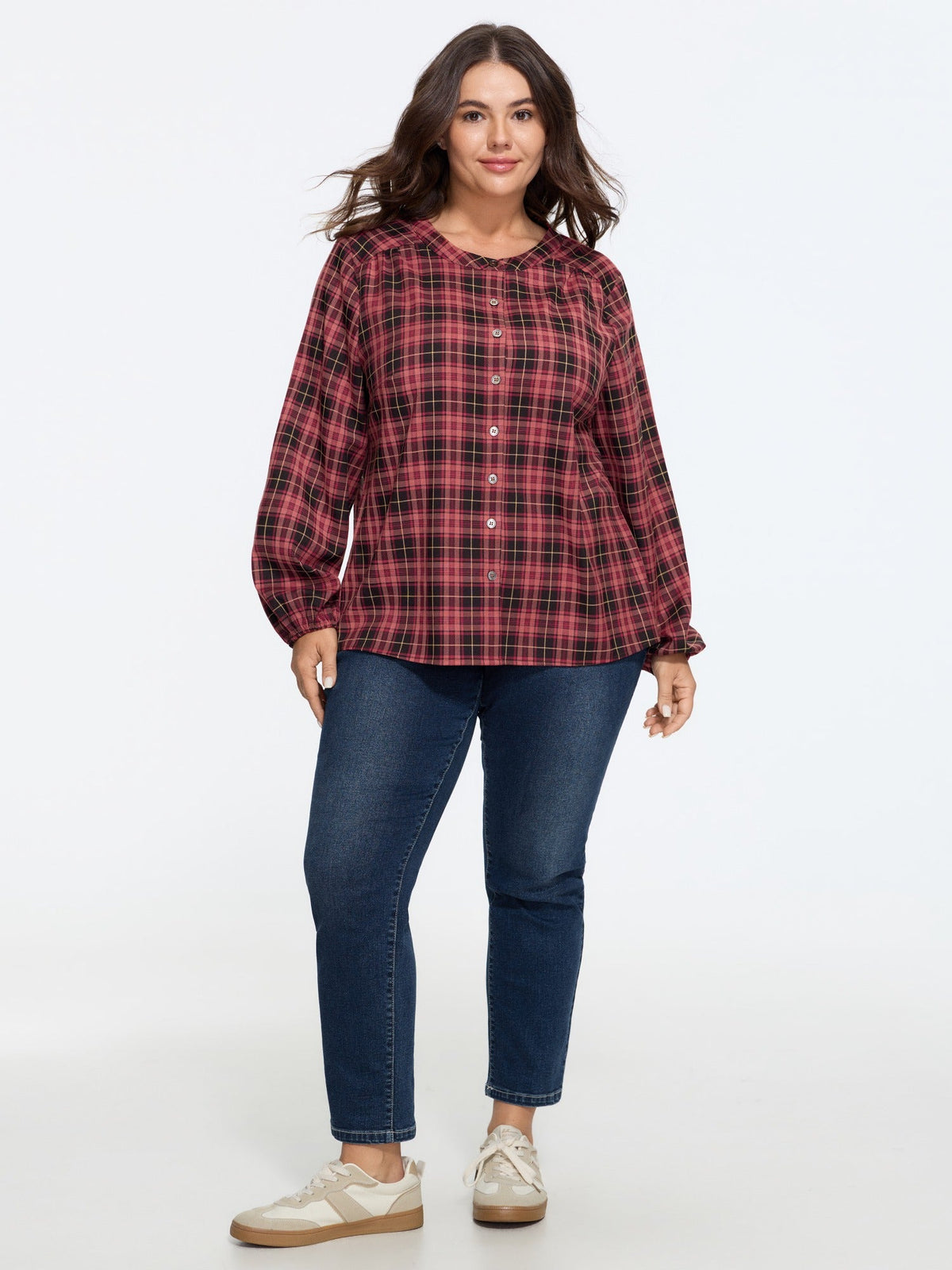 Plaid Round Neck Button Front Shirt
