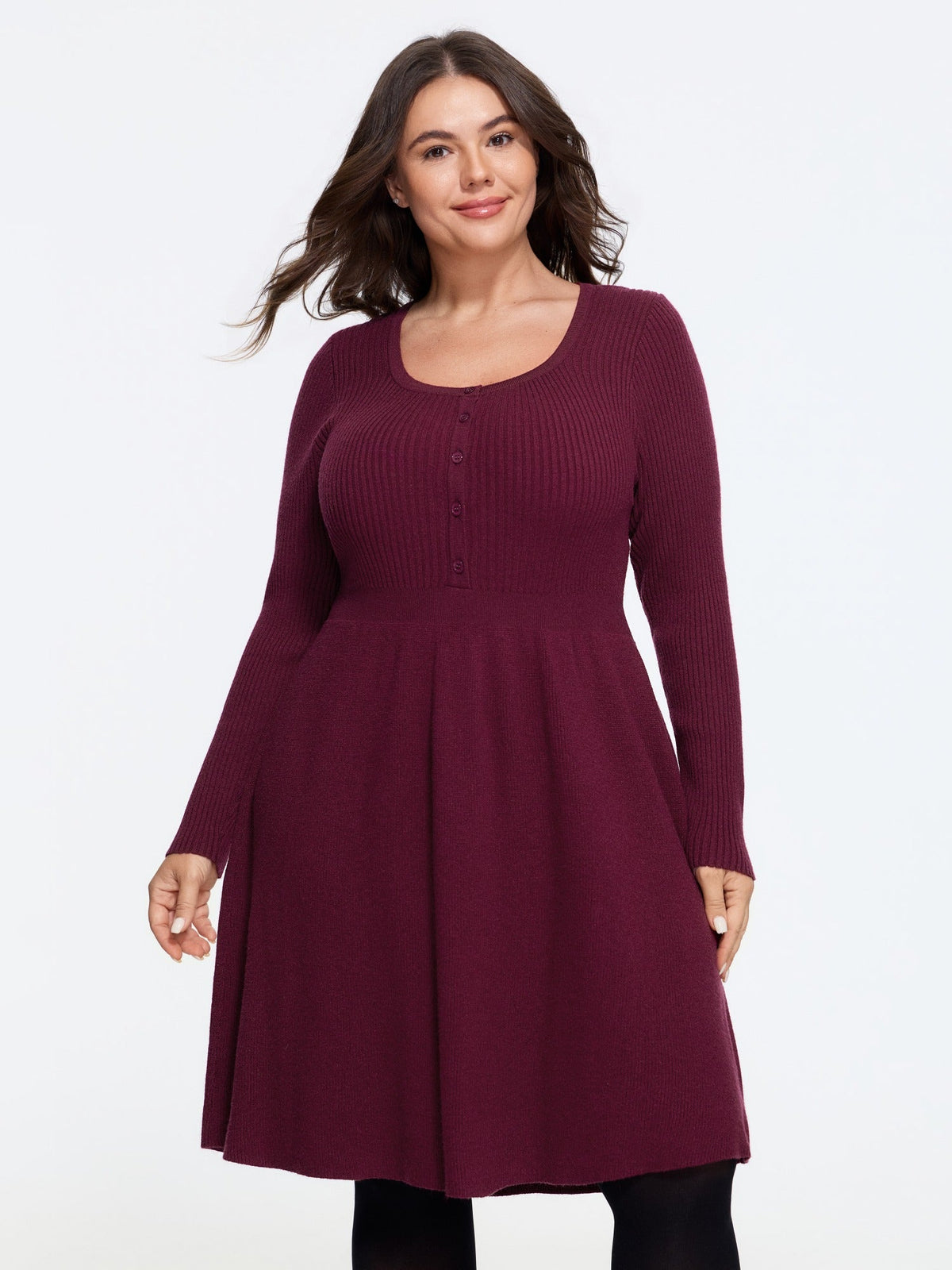 Square Neck Button Front Ribbed Knit Sweater Dress