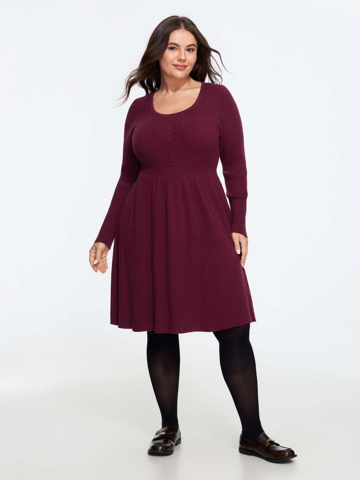 Square Neck Button Front Ribbed Knit Sweater Dress