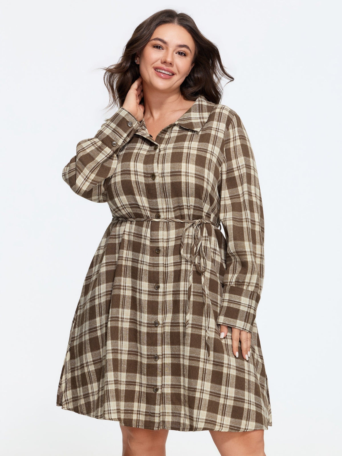 Plaid Belted Waist Button Front Mini Dress