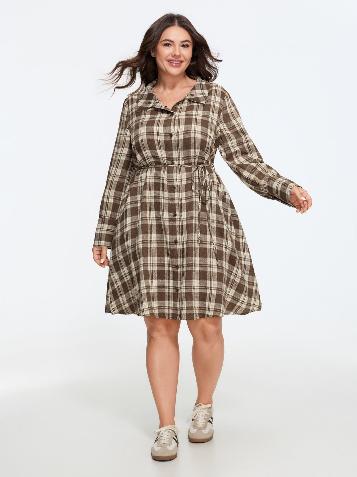 Plaid Belted Waist Button Front Mini Dress