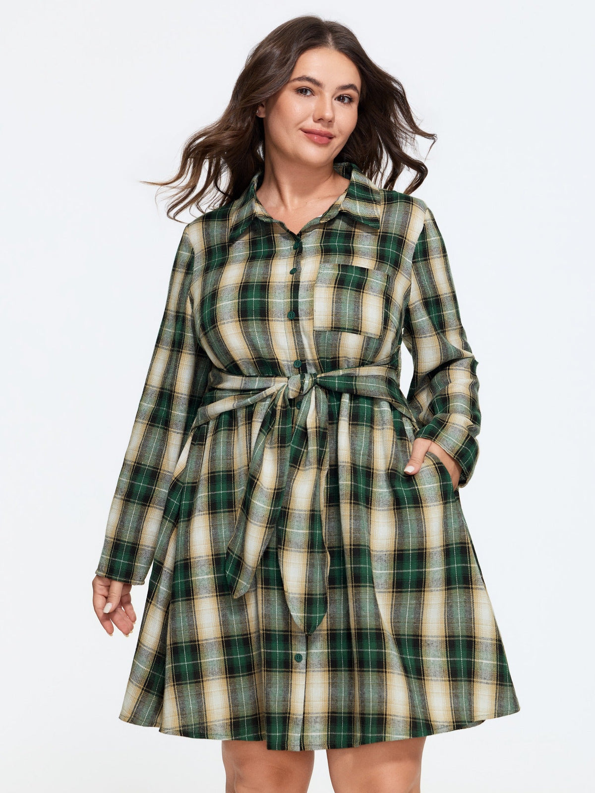 Plaid Button Down Belted Waist Mini Dress