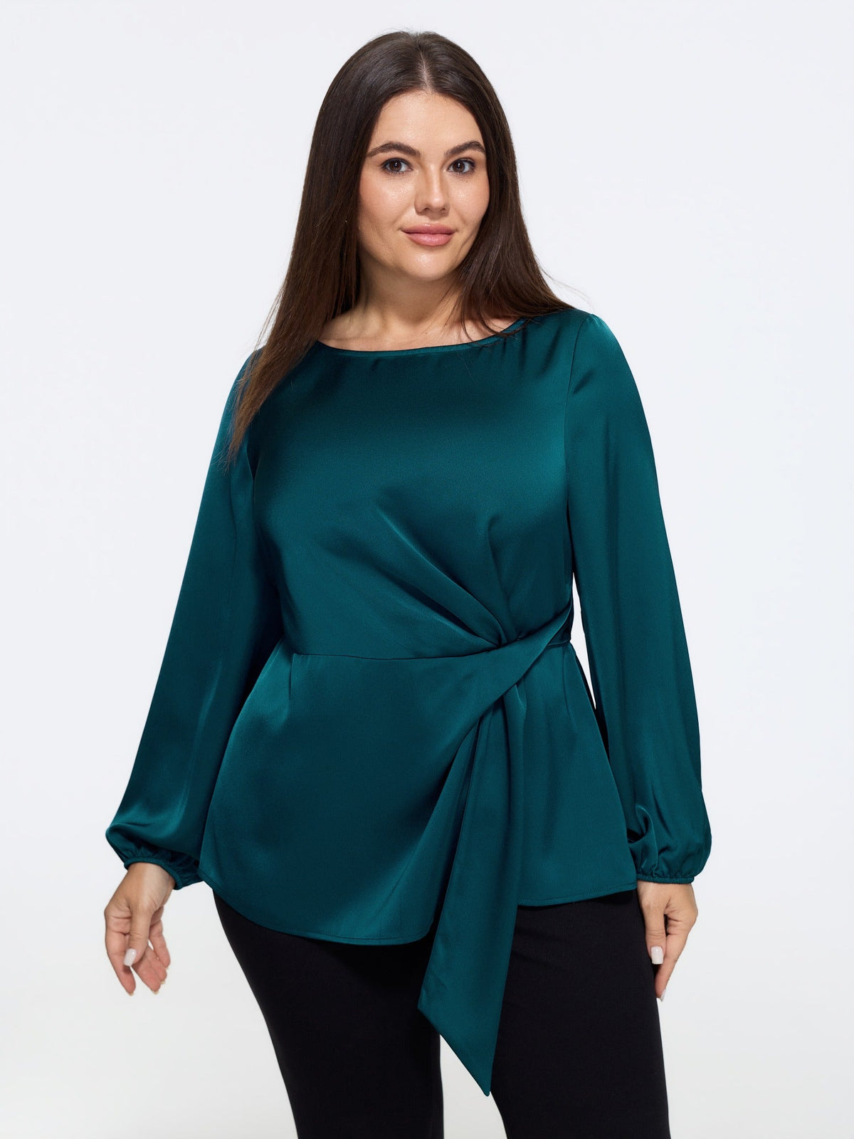 Satin Boat Neck Side Twist Waist Blouse