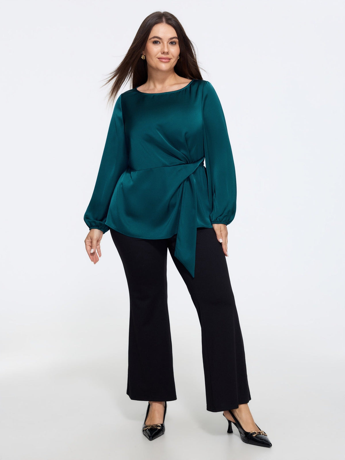 Satin Boat Neck Side Twist Waist Blouse