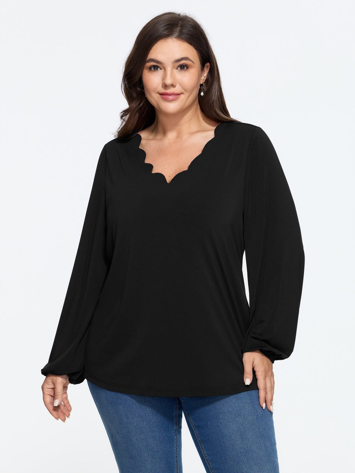 Stretch Scalloped V Neck Long Sleeve Blouse