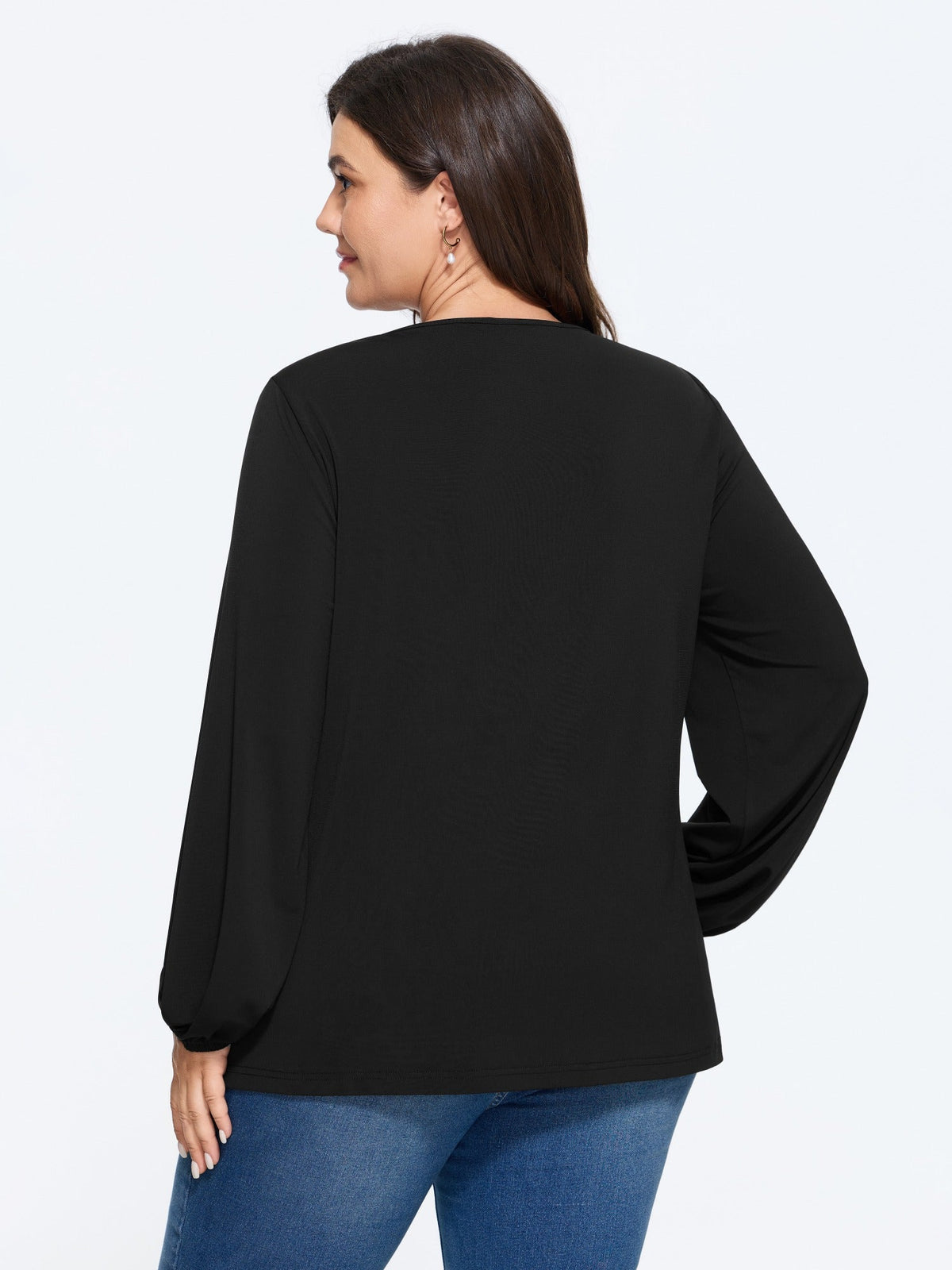 Stretch Scalloped V Neck Long Sleeve Blouse