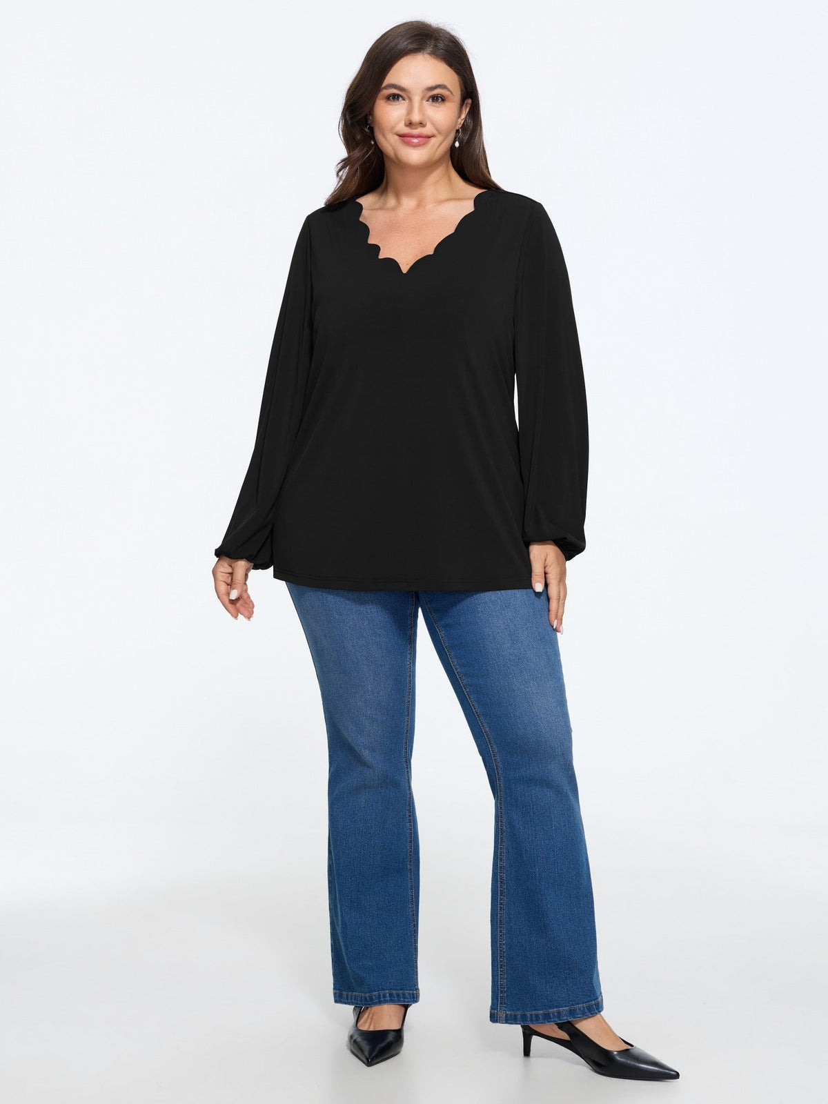 Stretch Scalloped V Neck Long Sleeve Blouse