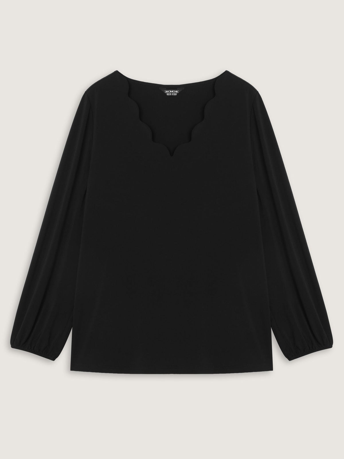 Stretch Scalloped V Neck Long Sleeve Blouse
