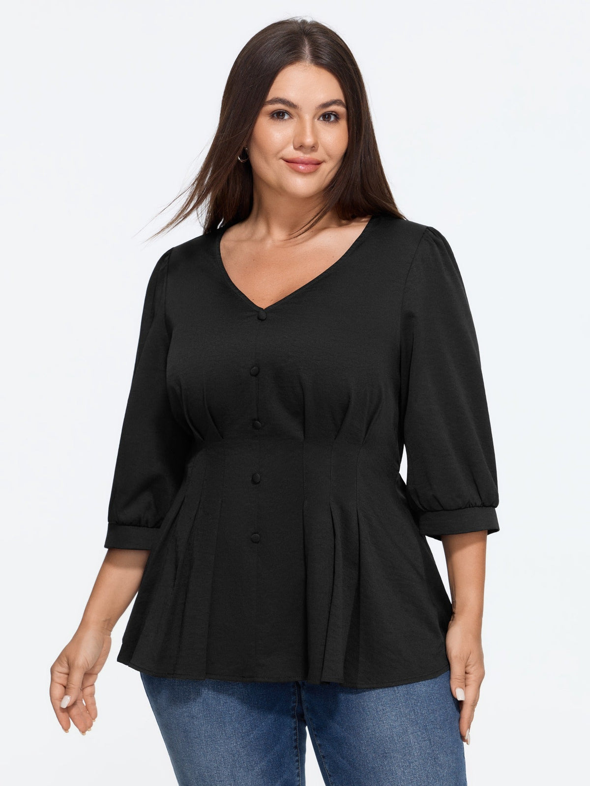 V Neck Gathered Detail Puff Sleeve Blouse