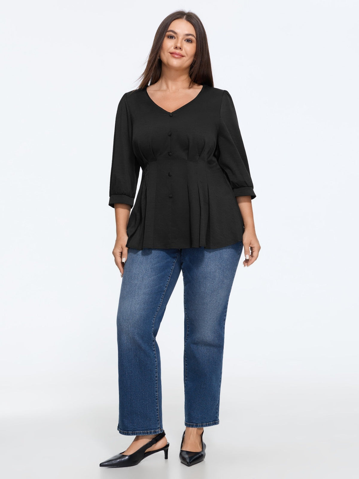 V Neck Gathered Detail Puff Sleeve Blouse
