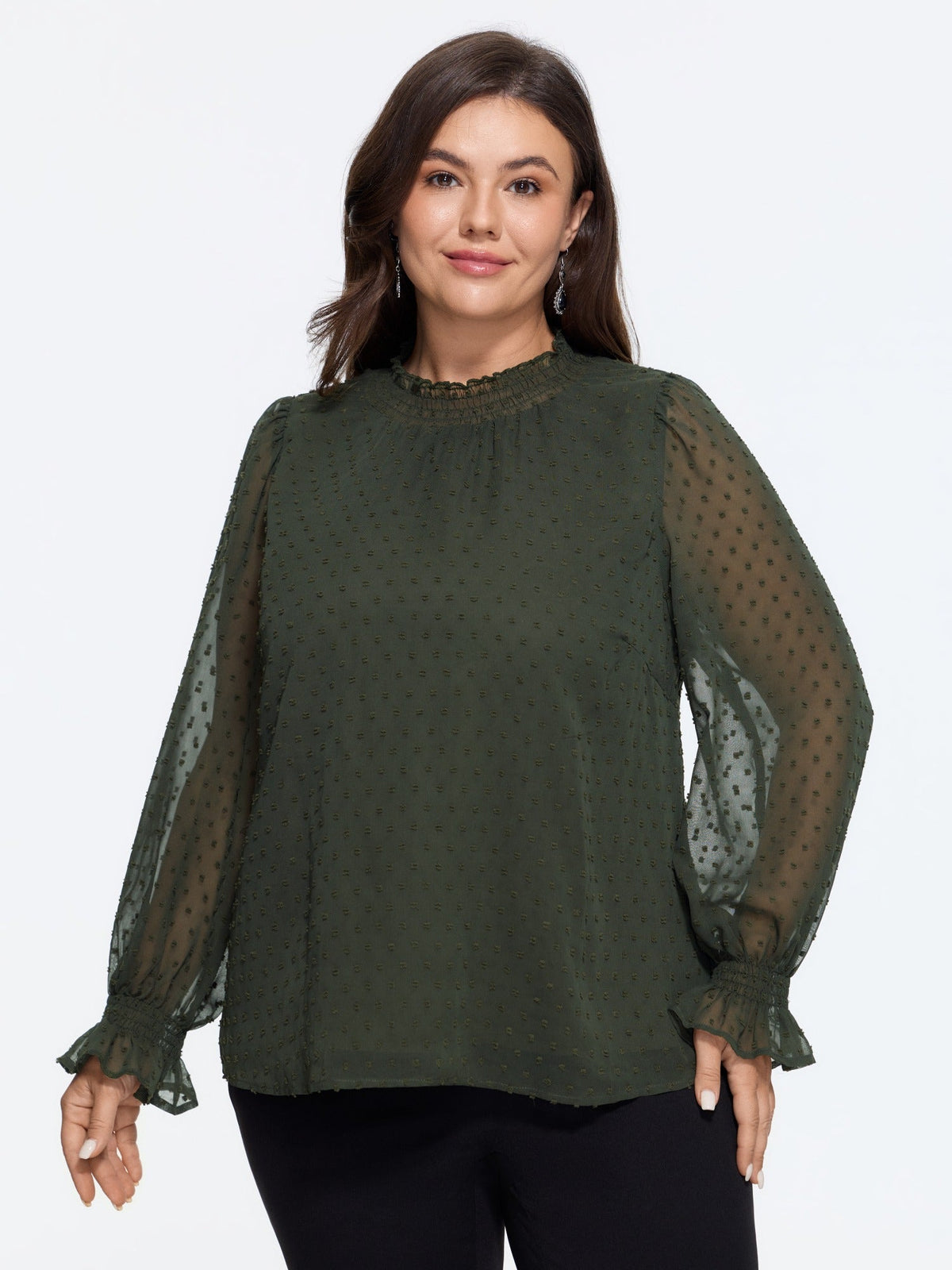 Textured Sheer Ruffle Shirred Neck Blouse