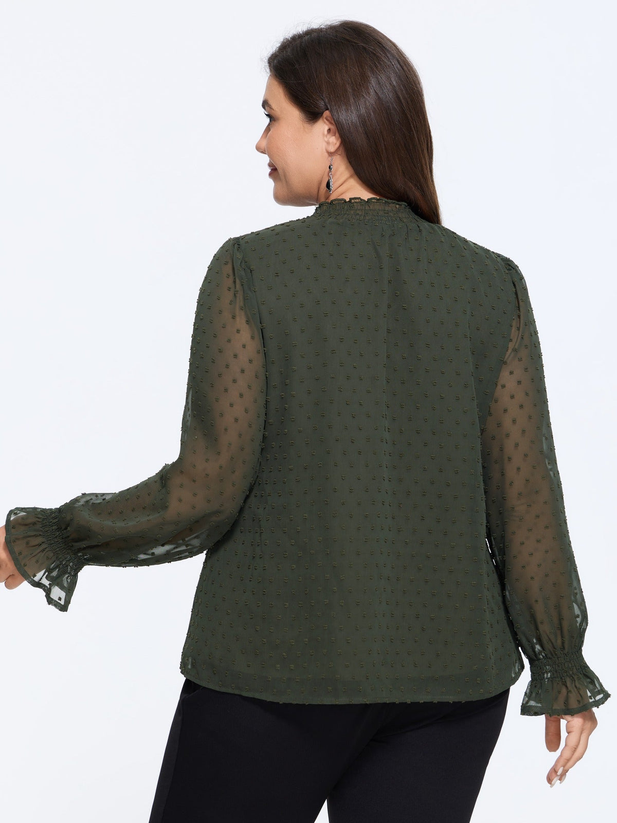 Textured Sheer Ruffle Shirred Neck Blouse