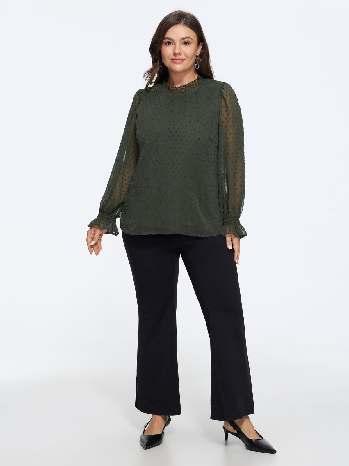 Textured Sheer Ruffle Shirred Neck Blouse