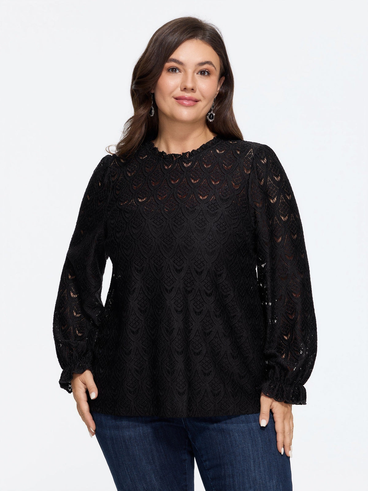 Sheer Lace Ruffle Mock Neck Blouse