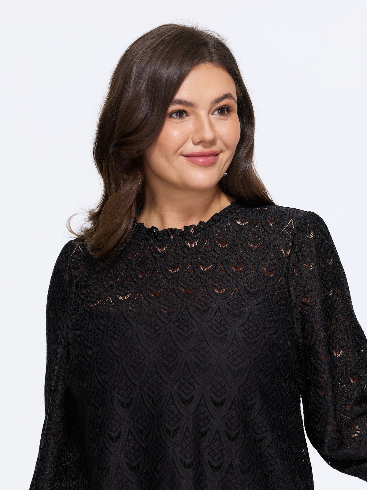 Sheer Lace Ruffle Mock Neck Blouse