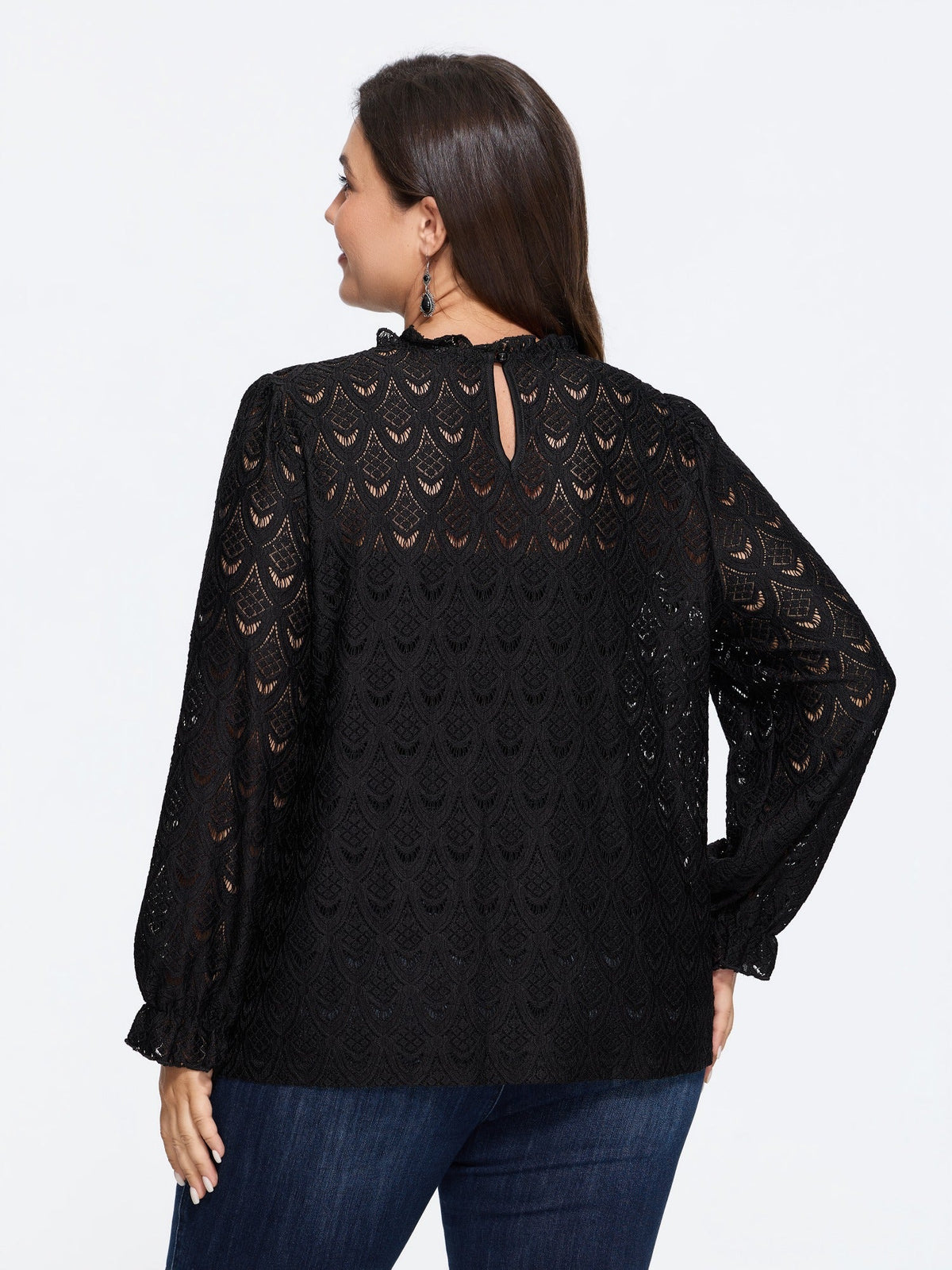 Sheer Lace Ruffle Mock Neck Blouse