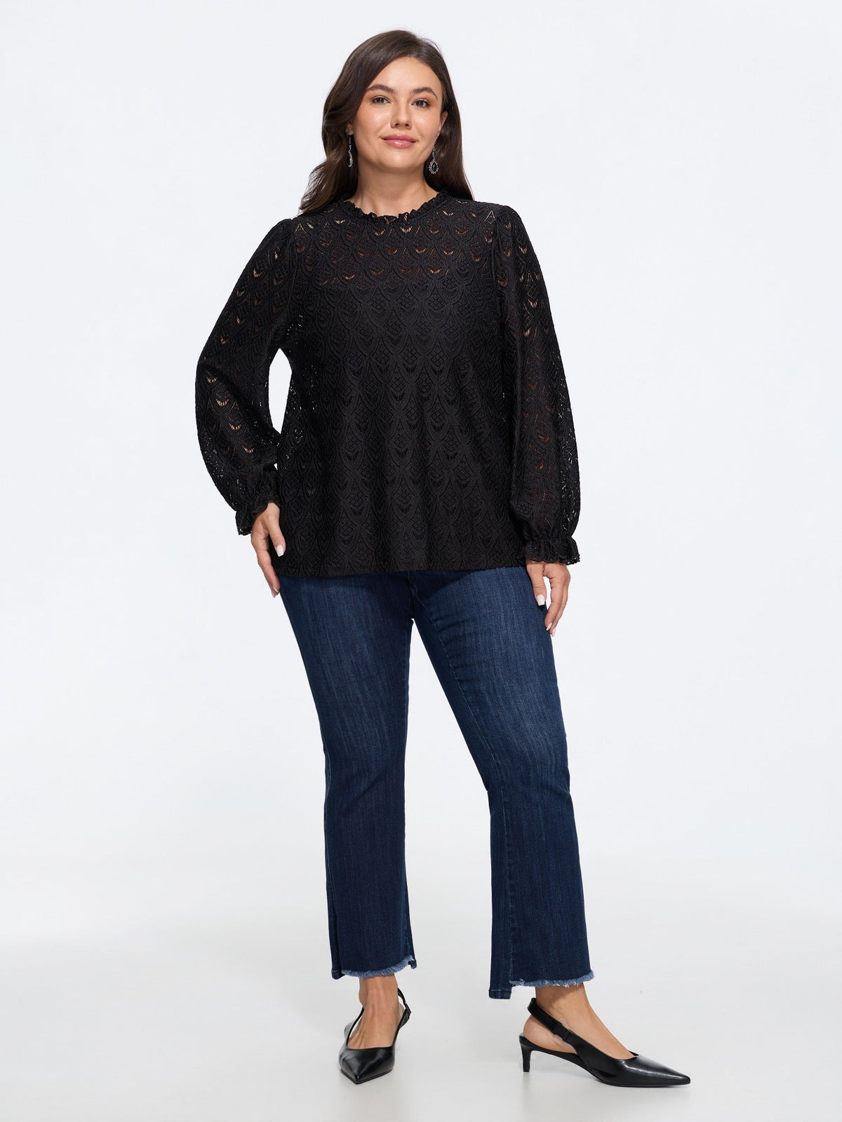Sheer Lace Ruffle Mock Neck Blouse