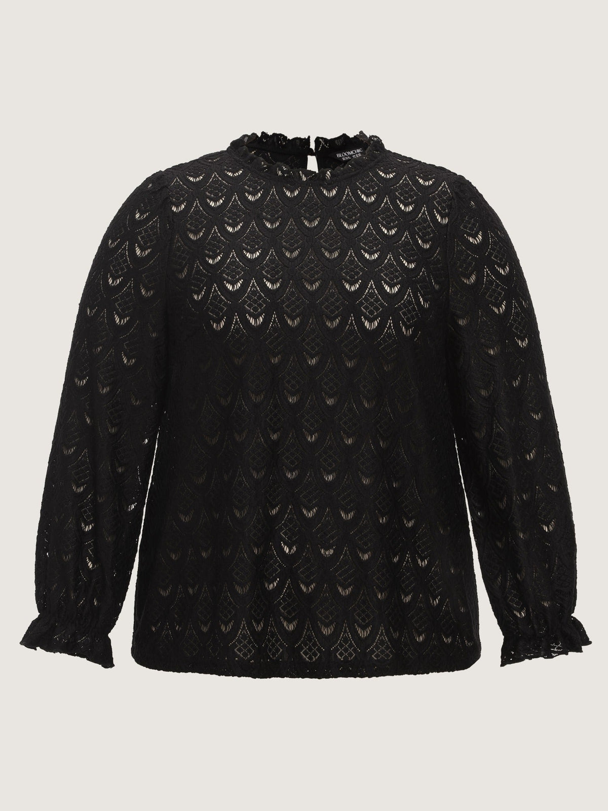 Sheer Lace Ruffle Mock Neck Blouse