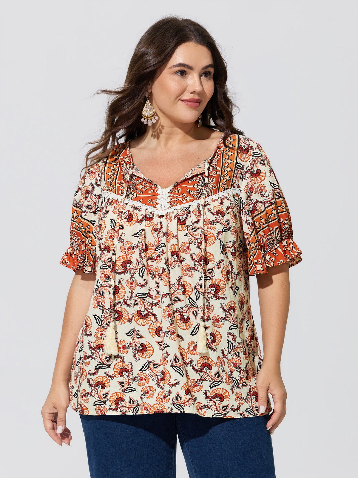 Boho Floral Print Neck Tassels Blouse