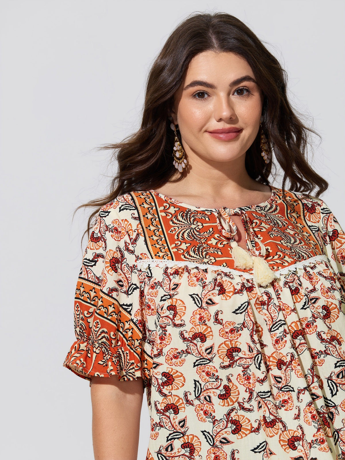 Boho Floral Print Neck Tassels Blouse