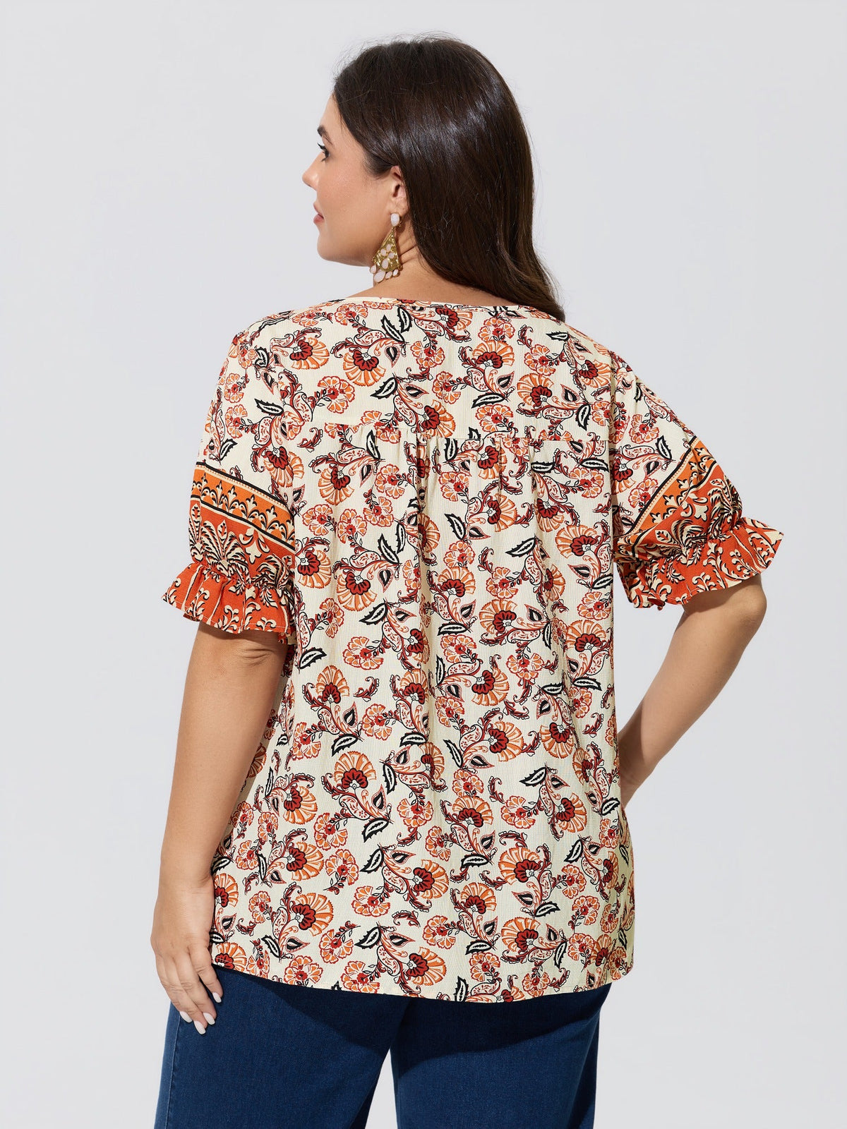 Boho Floral Print Neck Tassels Blouse