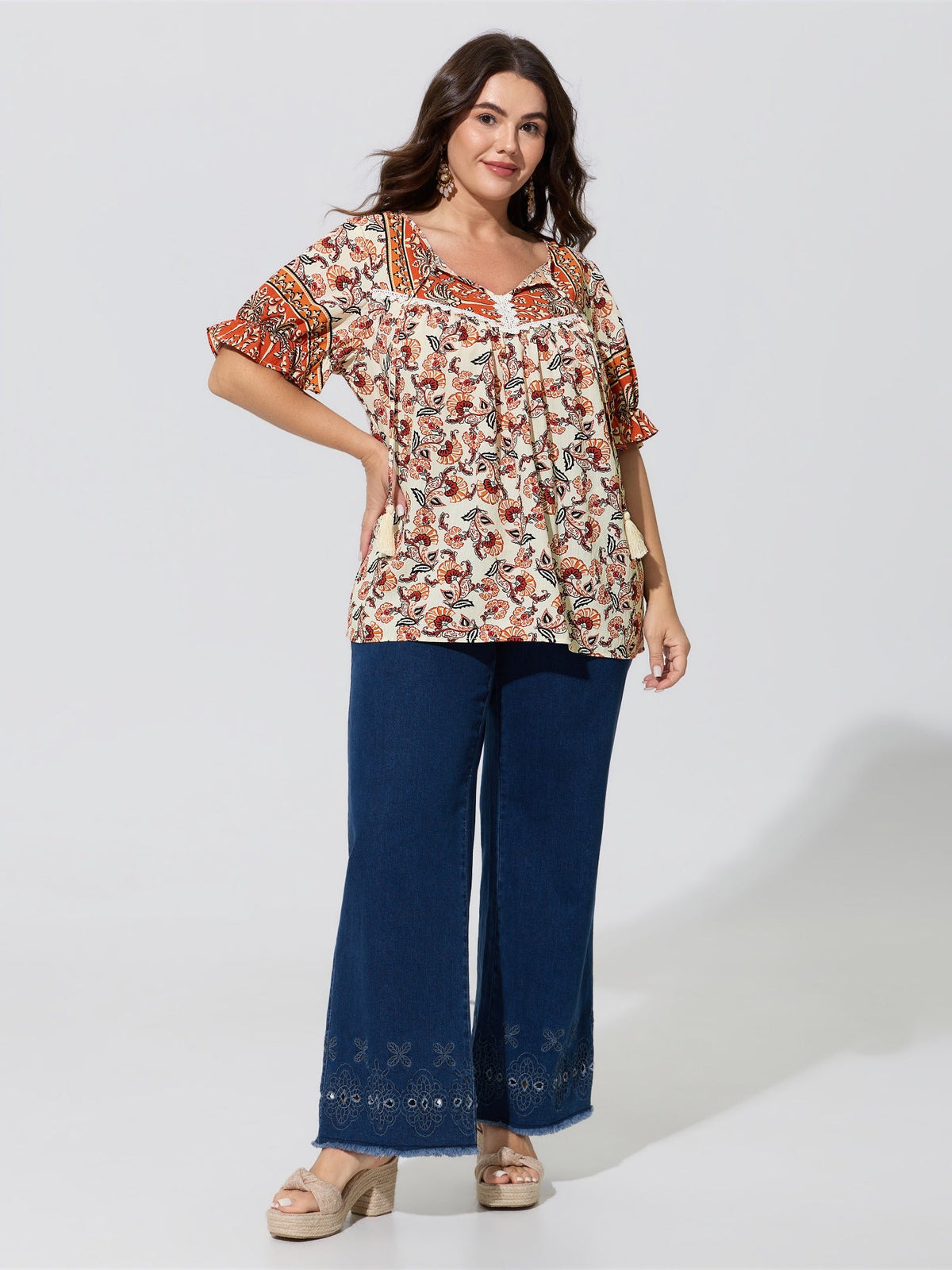 Boho Floral Print Neck Tassels Blouse
