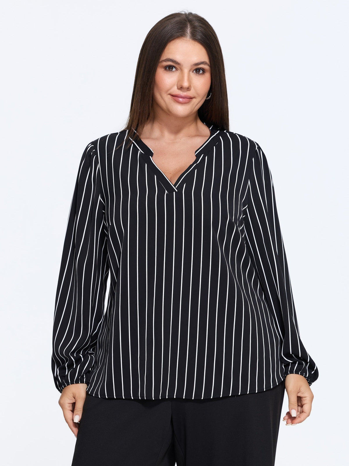 Vertical Stripe Print Notch Neck Blouse