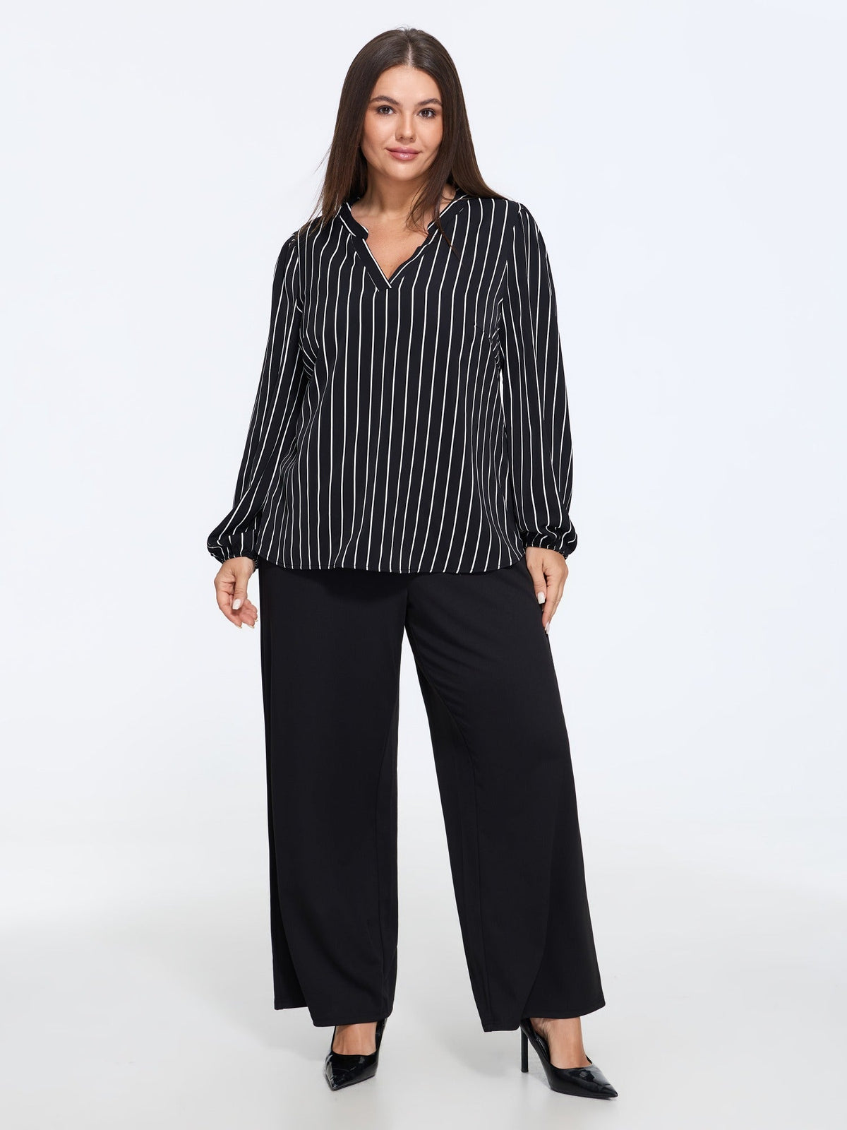 Vertical Stripe Print Notch Neck Blouse