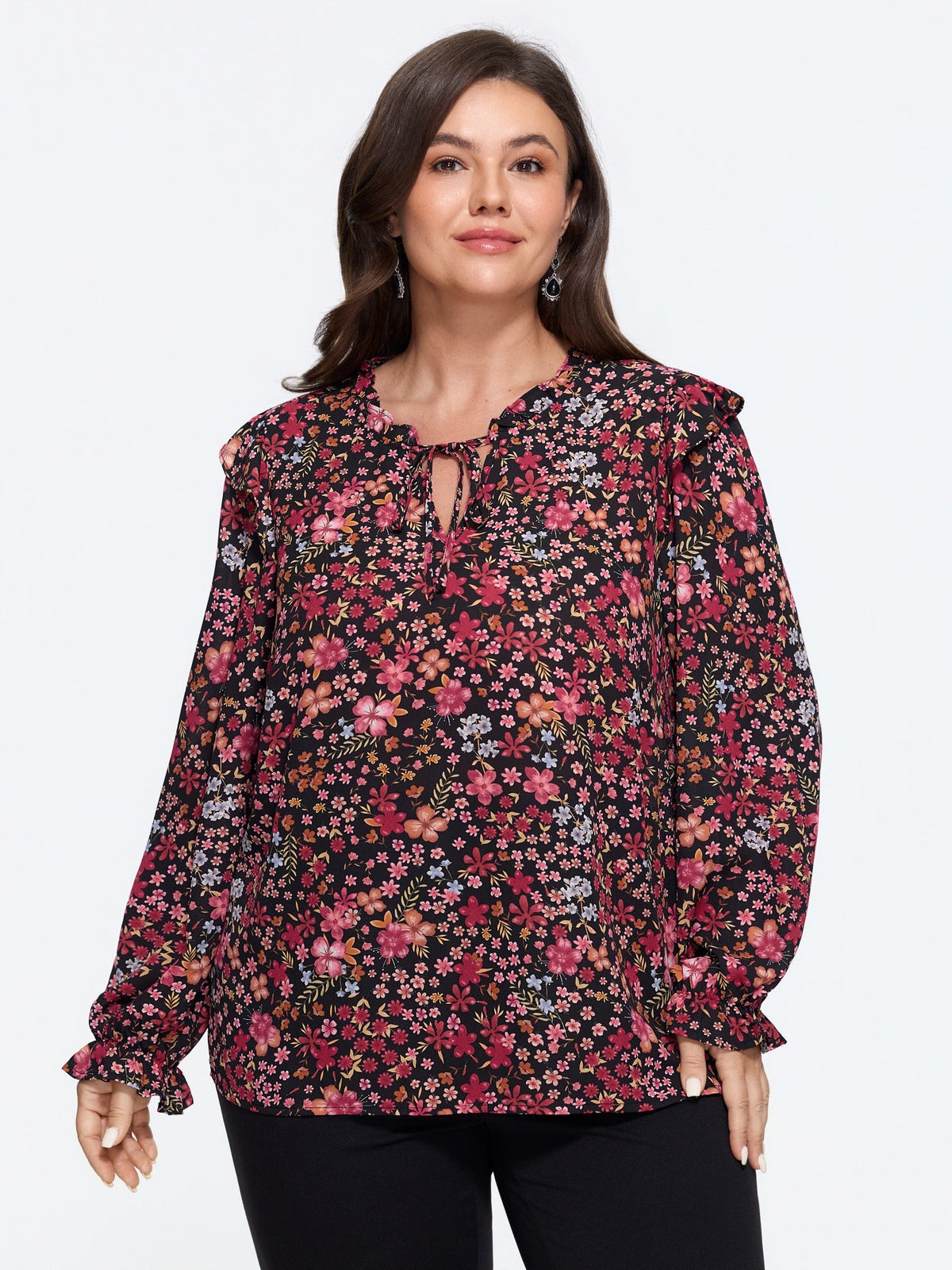 Ditsy Floral Print Ruffle Long Sleeve Blouse