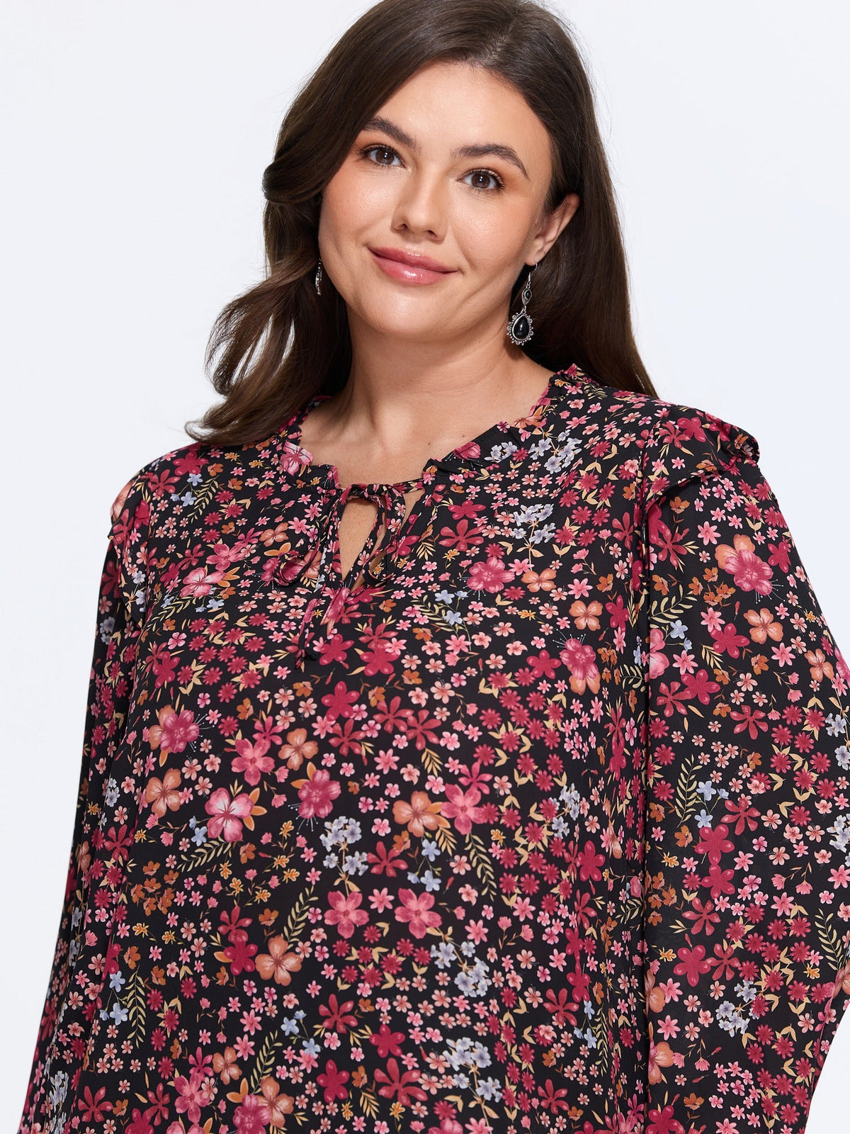 Ditsy Floral Print Ruffle Long Sleeve Blouse