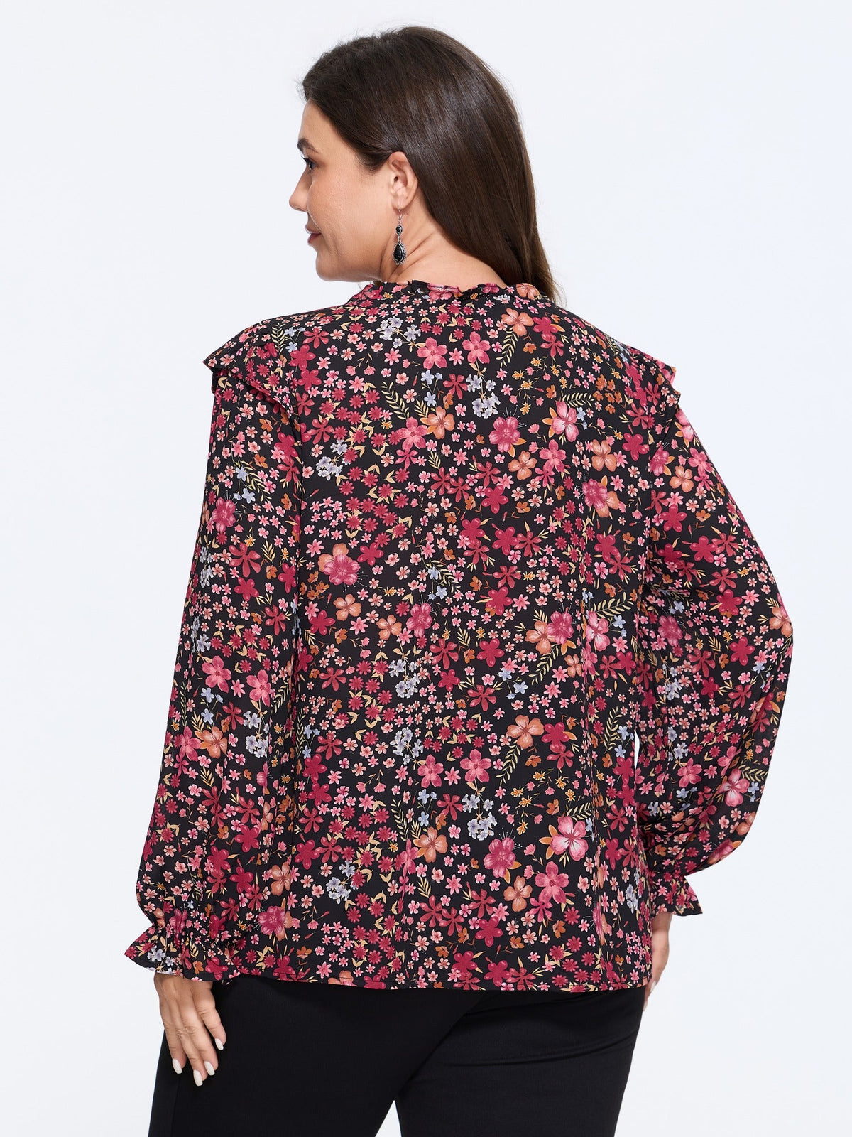 Ditsy Floral Print Ruffle Long Sleeve Blouse