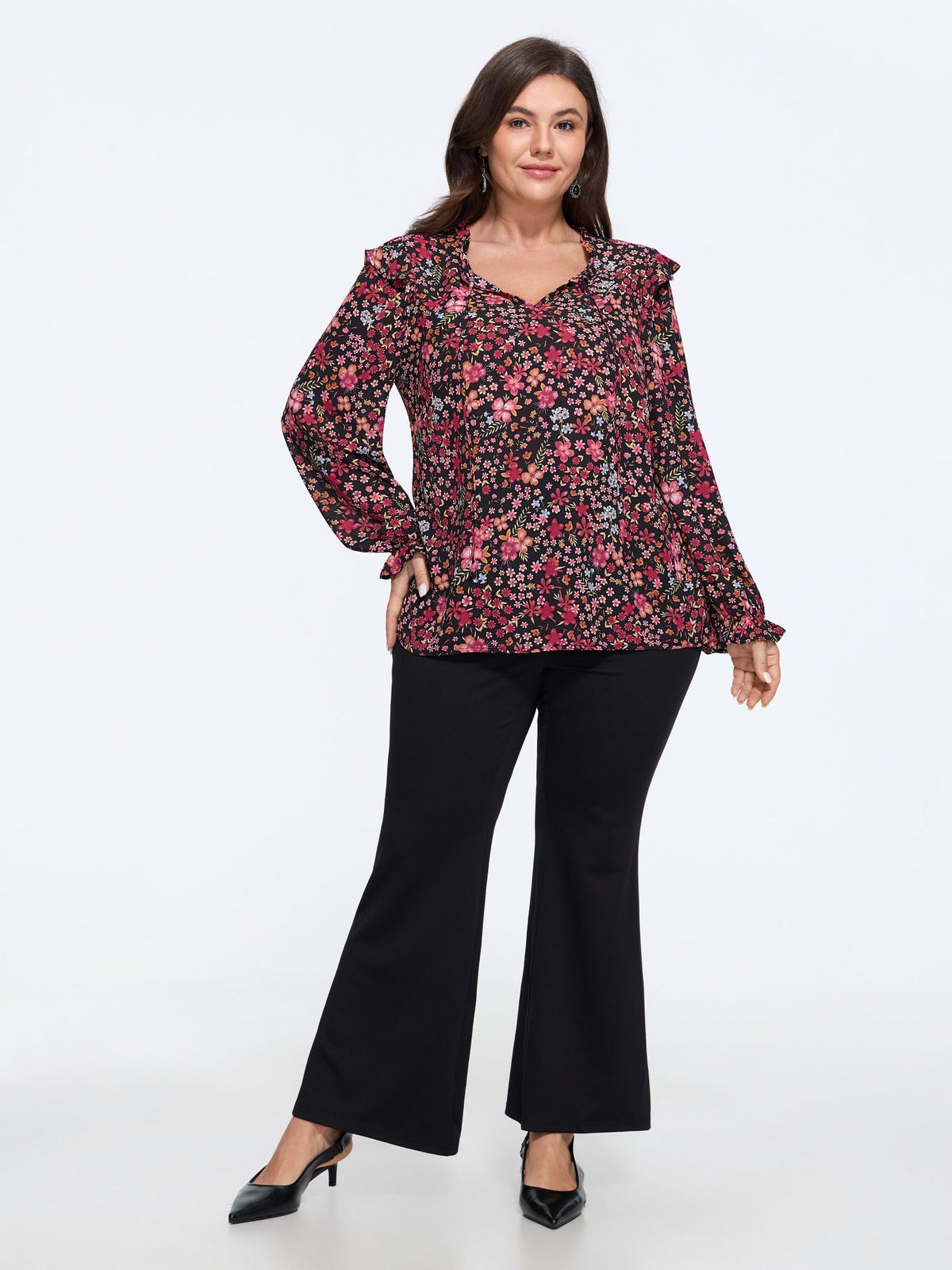 Ditsy Floral Print Ruffle Long Sleeve Blouse